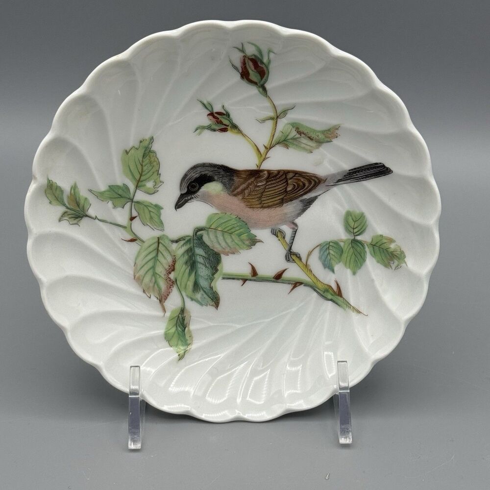 Vtg Haviland Limoges France Trinket Dish Pie Grieche Shrike Bird Rose Buds 5"Dia